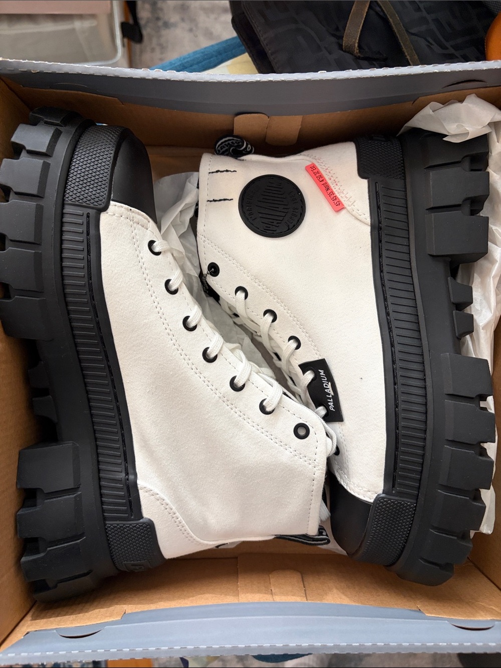 Palladium White Canvas High-Top Boots with Black Toe and Sole